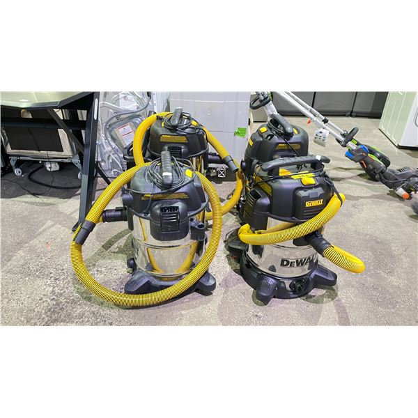 4 ASSORTED DEWALT WET/DRY VACUUMS (UNKNOWN WORKING CONDITION, MAY BE MISSING PIECES)