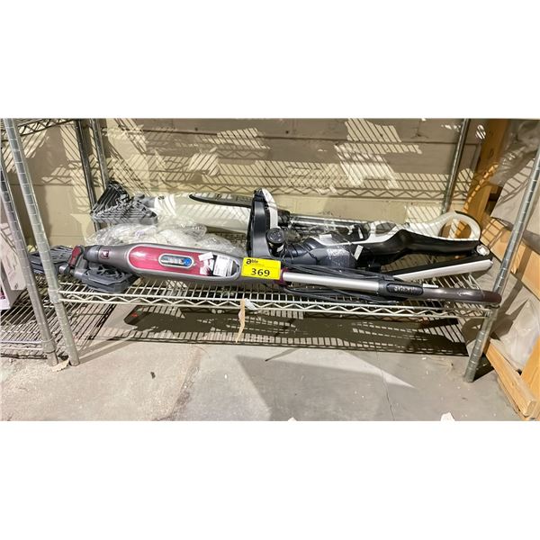 SHELF OF ASSORTED VACUUMS & MOPS (UNKNOWN WORKING CONDITION, MAY BE MISSING PIECES)