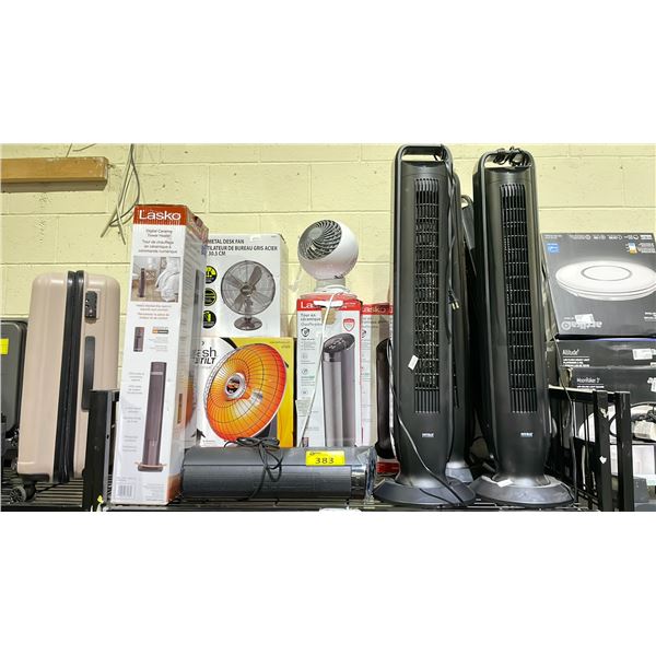 SHELF OF ASSORTED HEATERS & FANS (UNKNOWN WORKING CONDITION, MAY BE MISSING PIECES)