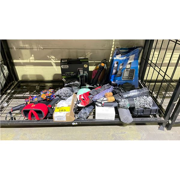 SHELF OF ASSORTED ITEMS INCLUDING; UMBRELLAS, HAIR CLIPPER, PHONES & MORE (UNKNOWN WORKING