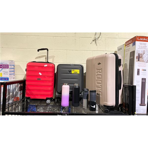 SHELF OF ASSORTED LUGGAGE & WATER BOTTLES (UNKNOWN CONDITION, MAY BE MISSING PIECES)