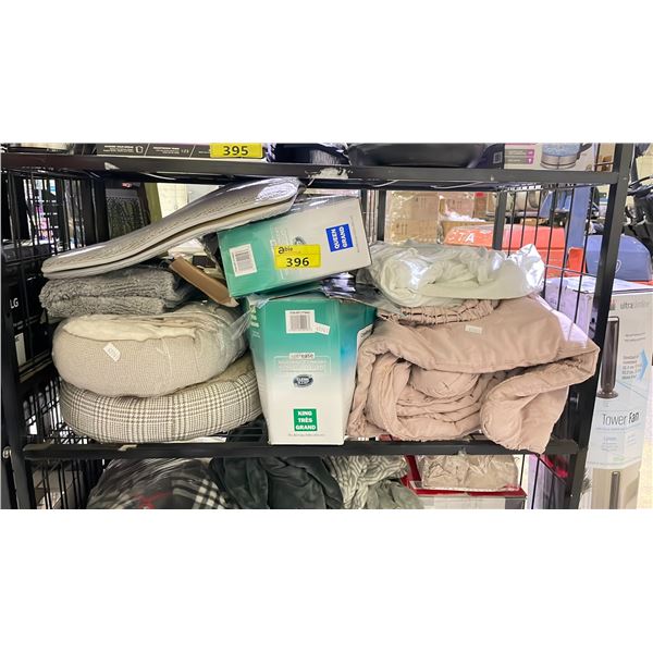 SHELF OF ASSORTED ITEMS INCLUDING; BEDDING, FLOOR MATS & MORE (UNKNOWN CONDITION, MAY BE MISSING