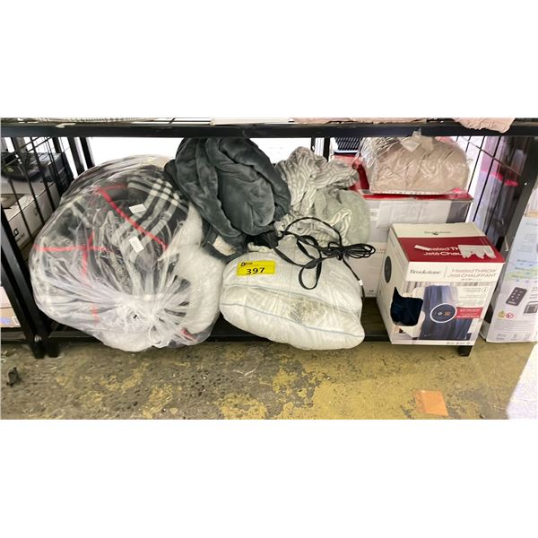SHELF OF ASSORTED ITEMS INCLUDING; BEDDING, HEATED THROW & MORE (UNKNOWN CONDITION, MAY BE MISSING
