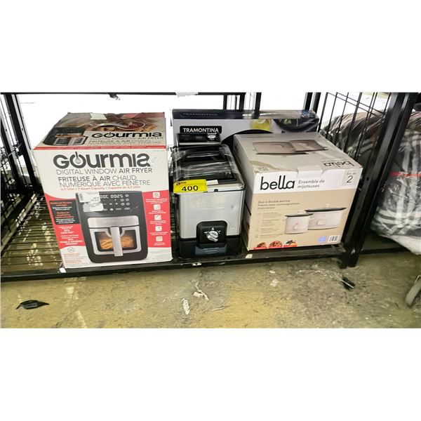 SHELF OF ASSORTED ITEMS INCLUDING; AIR FRYER, DEEP FRYER & CROCKPOT SET (UNKNOWN WORKING CONDITION,