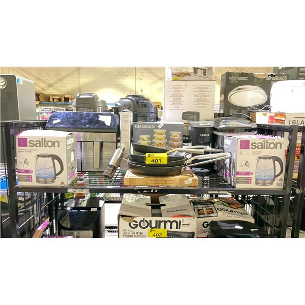 SHELF OF ASSORTED ITEMS INCLUDING; AIR FRYER, PANS, KEURIG COFFEE MAKER & MORE (UNKNOWN WORKING