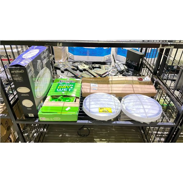 SHELF OF ASSORTED ITEMS INCLUDING; LIGHT FIXTURES, SWIFFER SWEEPER DRY+WET KIT & LG STACKING KIT