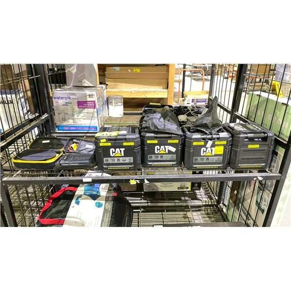 SHELF OF ASSORTED CAT POWER STATIONS & BATTERY BOOSTERS (UNKNOWN WORKING CONDITION, MAY BE MISSING
