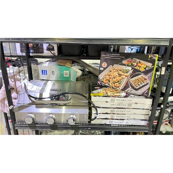 SHELF OF ASSORTED ITEMS INCLUDING; NXR STAINLESS STEEL PORTABLE BBQ & STAINLESS STEEL BBQ BASKETS