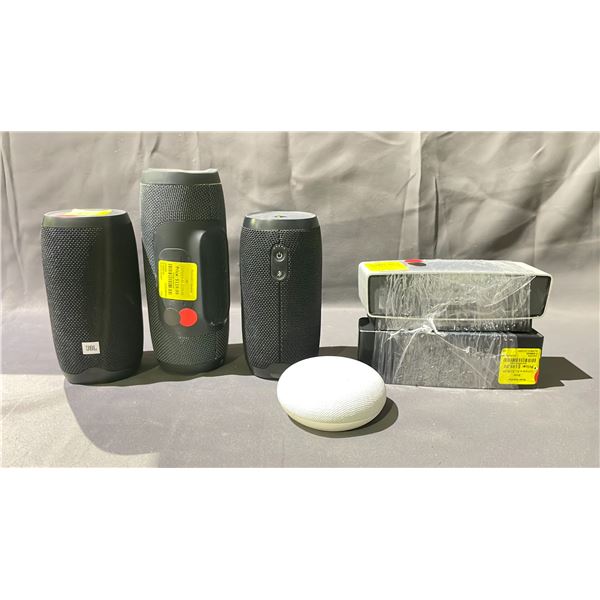 5 ASSORTED WIRELESS SPEAKERS & GOOGLE NEST MINI (UNKNOWN WORKING CONDITION, MAY BE MISSING PIECES)