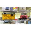 Image 1 : SHELF OF ASSORTED ITEMS INCLUDING; TOOLBOX WITH HARDWARE CONTENTS, SHOT GLASS CHESS SET, HOLE SAW