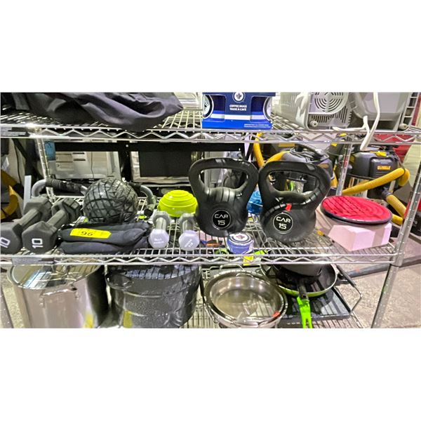 SHELF OF ASSORTED ITEMS INCLUDING; DUMBBELLS, KETTLE BELLS, WINNIPEG JETS BOXER SHORTS & MORE
