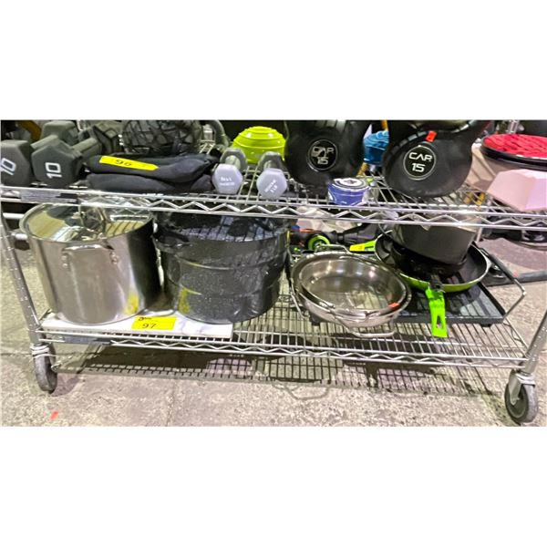 SHELF OF ASSORTED ITEMS INCLUDING; POTS & PANS, CUTTING BOARD, GRILL COOKTOP & MORE