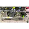 Image 1 : SHELF OF ASSORTED ITEMS INCLUDING; POTS & PANS, CUTTING BOARD, GRILL COOKTOP & MORE