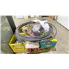 Image 1 : PALLET OF ASSORTED ITEMS INCLUDING; PICKAXE, TOOLS, CLEANING SUPPLIES & MORE