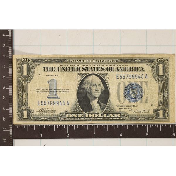 1934 US $1 FUNNY BACK SILVER CERTIFICATE BLUE SEAL