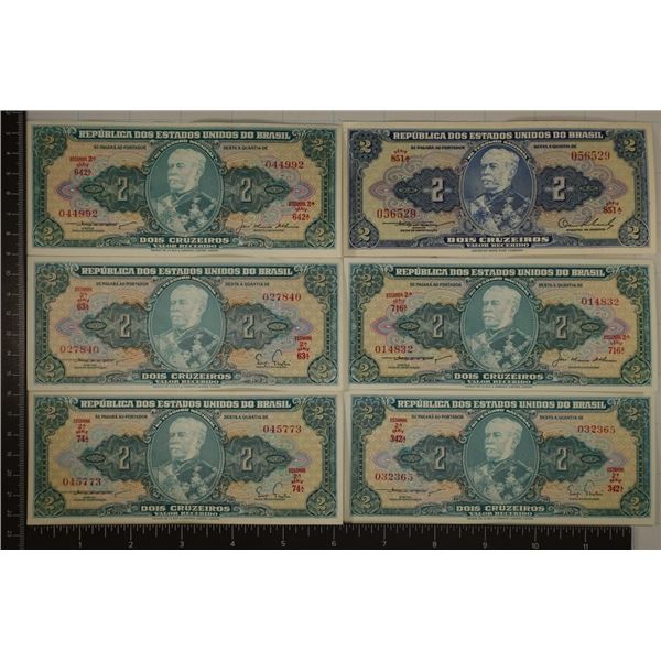 6-BRAZIL 2 CRUZEIROS CRISP AU/ UNC BILLS