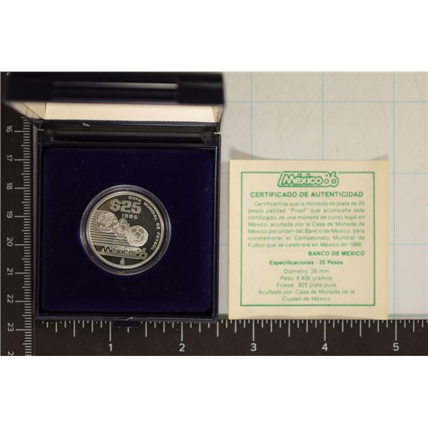 1986 MEXICO SILVER PROOF 25 PESO COIN. .18 OZ. ASW