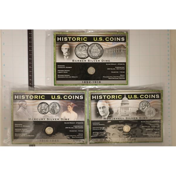 3 HISTORIC U.S. COINS IN INFO CARDS IN PLASTIC