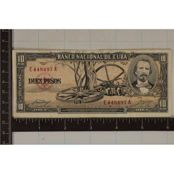 1958 CUBA 10 PESO BILL WITH SMALL HOLES