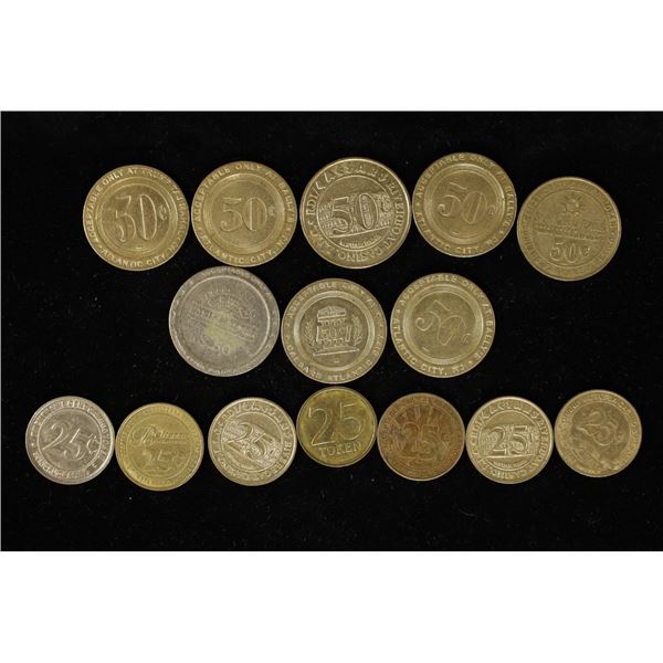 15 ASSORTED 25 CENT & 50 CENT METAL CASINO TOKENS