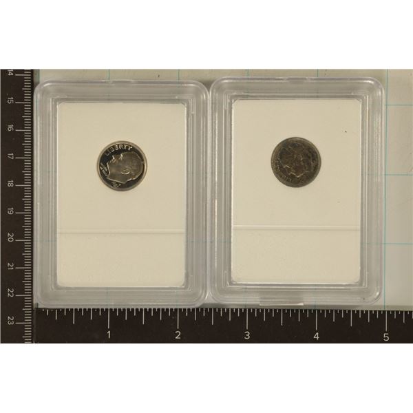 2 US ROOSEVELT DIMES: SILVER 1964-D TONED &