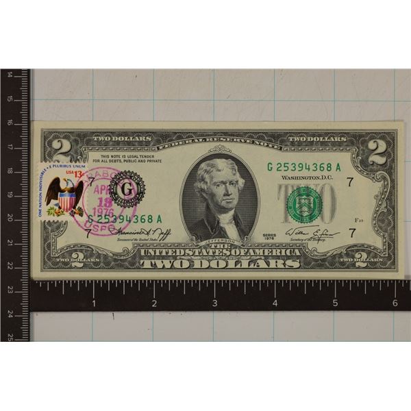1976 US $2 FRN CRISP UNC WITH CANCELLED 13 CENT