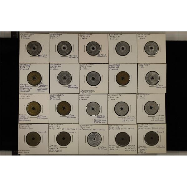 20 ASSORTED METAL TAX TOKENS FROM THE 1930'S