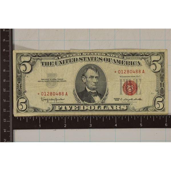 1963 US $5 STAR NOTE RED SEAL