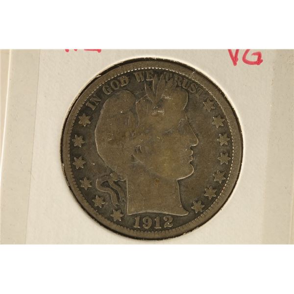 1912 VERY GOOD SILVER BARBER HALF DOLLAR