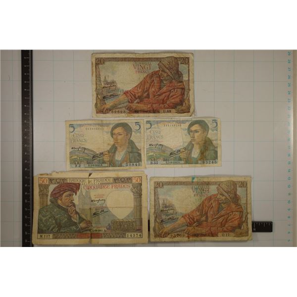 5 FRANCE BILLS: 2-1943 FIVE FRANCS, 2-1942 TWENTY