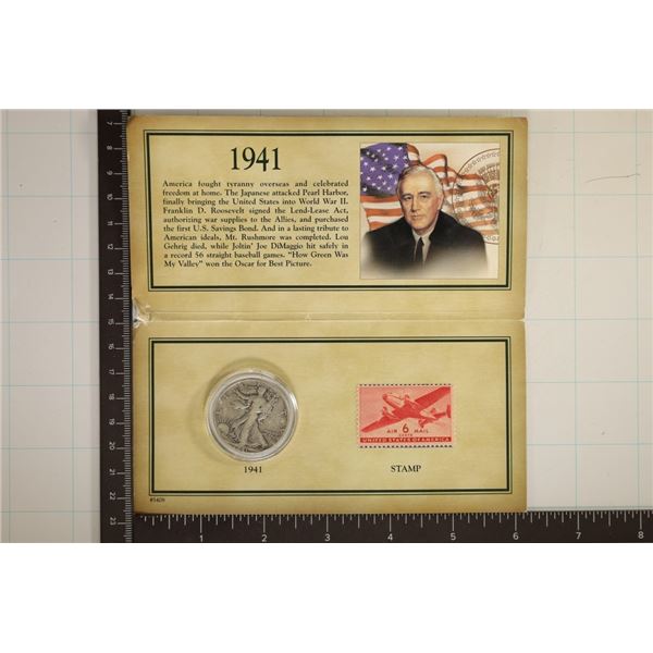 WALKING LIBERTY HISTORIC COIN AND STAMP SET.