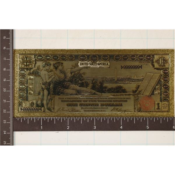 24KT GOLD FOIL REPLICA OF AN 1886 US $1 SILVER