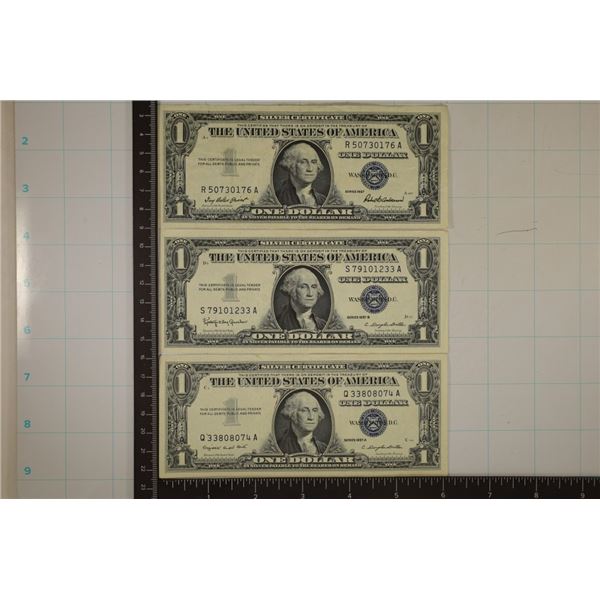 3-US $1 SILVER CERTIFICATES: 1957, 57-A & 57-B