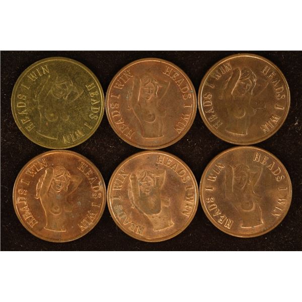 6 ADULT THEMED 1" METAL FLIPPER TOKENS. OBVERSE