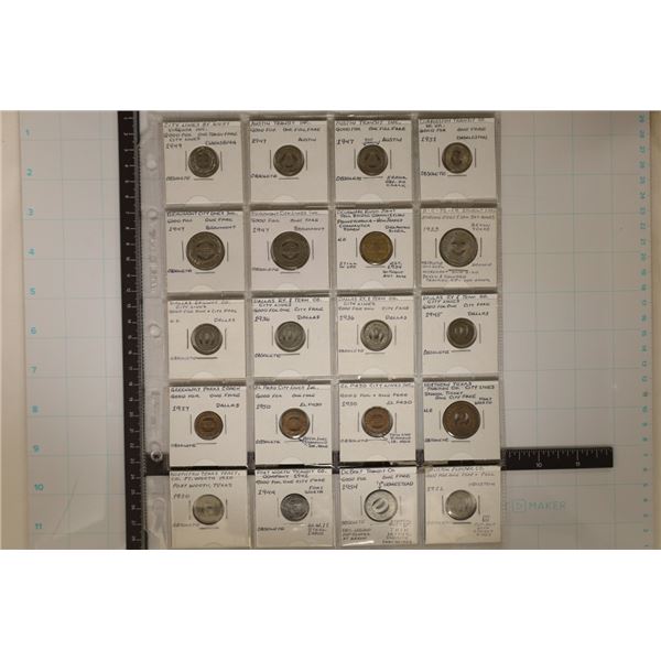 20 ASSORTED METAL TRANSPORTATION TOKENS: 1920'S