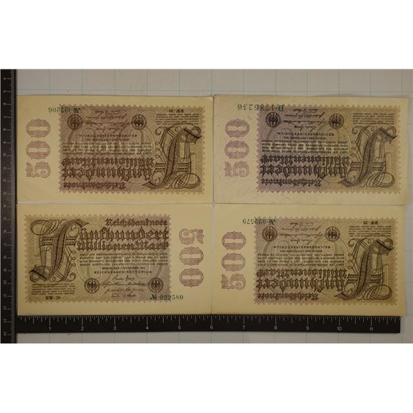 4-1923 GERMAN 500 MILLION MARK BILLS. CRISP AU/UNC