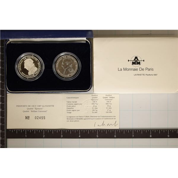 1987 FRANCE 2 COIN SILVER PROOF & UNC PIEDFORT SET