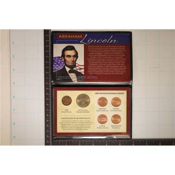 ABRAHAM LINCOLN 6 COIN SET IN BACK FOLIO WITH INFO