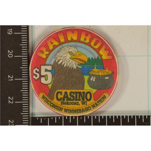 $5 RAINBOW CASINO CHIP. WISCONSIN WINNEBAGO NATION
