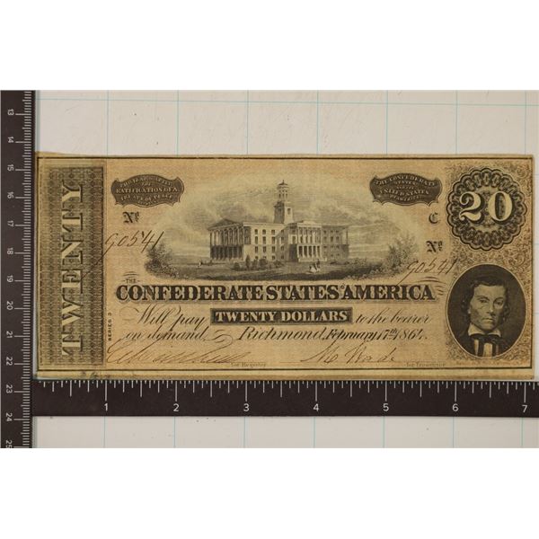 1864 CONFEDERATE STATES OF AMERICA $20 OBSOLETE