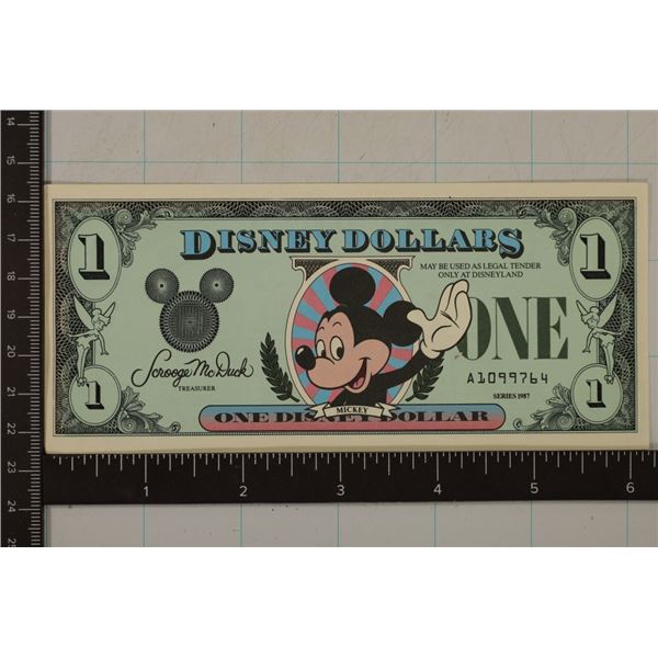 1987 1 DISNEY DOLLAR CRISP UNC COLORIZED BILL