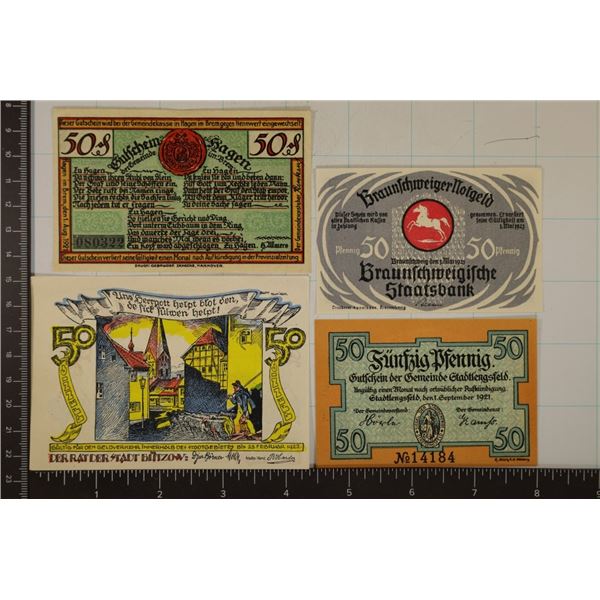 4 CIRCA 1920'S GERMAN CU 50 PFENNING NOTGELDS