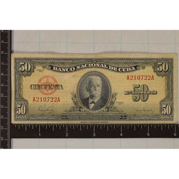 1950 CUBA 50 PESO BILL. SOME SMALL STAINS ON THE