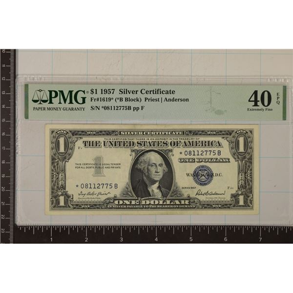 1957 US $1 SILVER CERT STAR NOTE. PMG 40 EXTRA