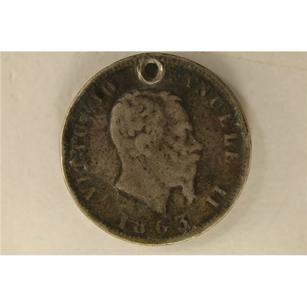 1863 ITALY SILVER 1 LIRE .1235 OZ. ASW WITH HOLE