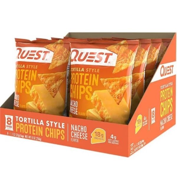 CASE WITH 8 BAGS OF QUEST NACHO CHEESE CHIPS