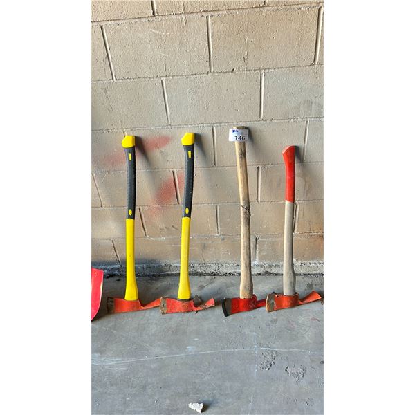 2 PLASTIC HANDLE FIRE AXES & 2 WOOD HANDLE FIRE AXES