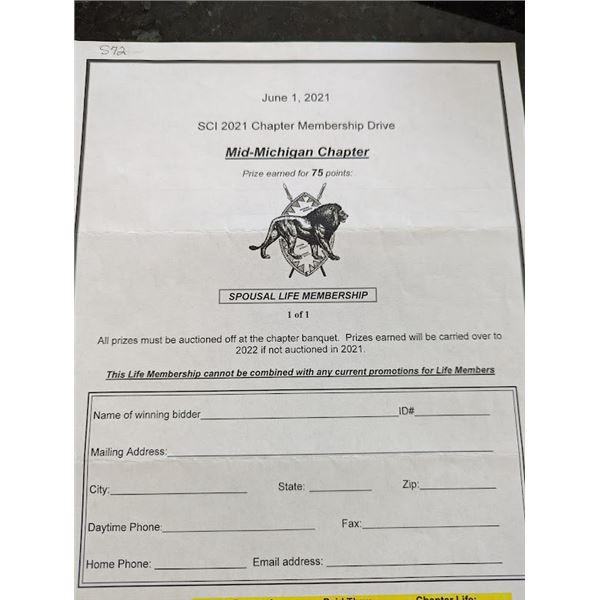 Safari Club International SPOUSAL Life Membership and   Mid-Michigan Chapter of Safari Club Internat