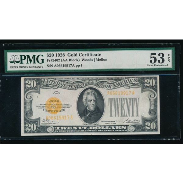 1928 $20 Gold Certificate PMG 53EPQ