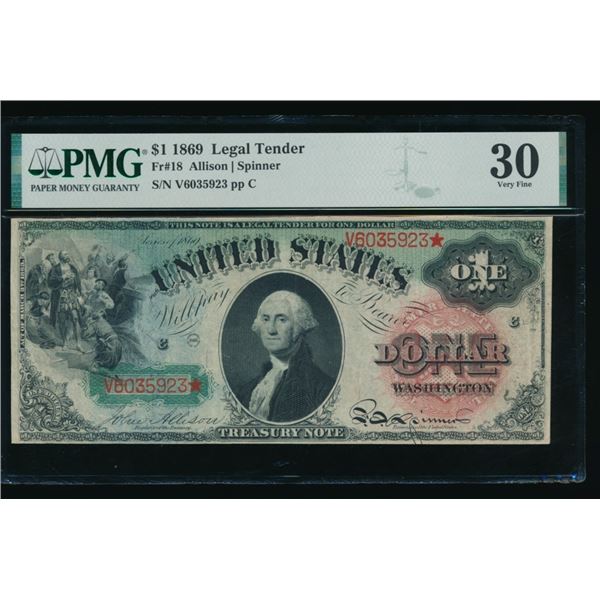 1869 $1 Legal Tender Note PMG 30